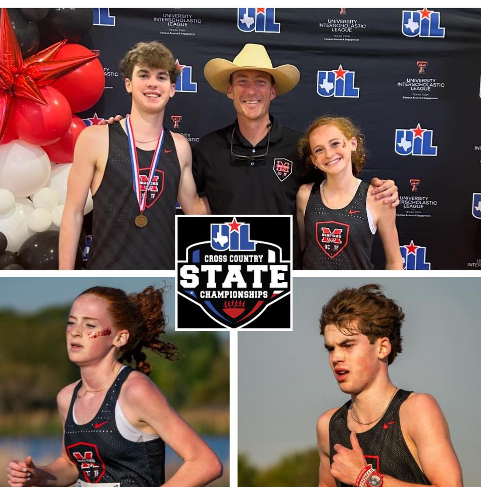 (Top) Parker Noffz, 12, Coach Andrew Reinberg, and Taryn Elmer, 10, at the state cross country meet in Round Rock.
(Bottom) Elmer placed 11th; Noffz placed 21st.