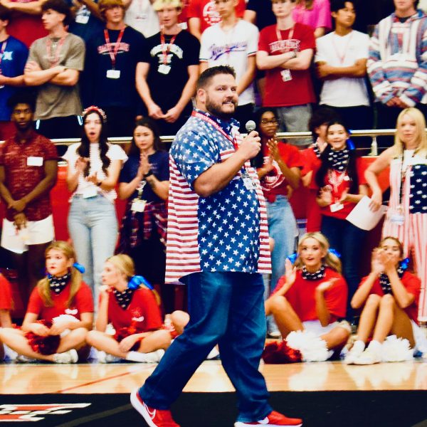 Dr. Cody Koontz addresses the student body at the first pep rally of the school year on August 31, 2024.