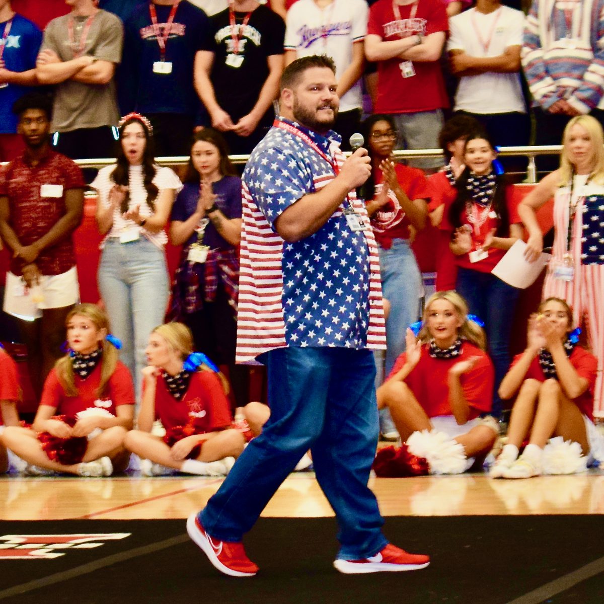 Dr. Cody Koontz speaks to the student body at the first pep rally of the school year on Friday, August 30, 2024.