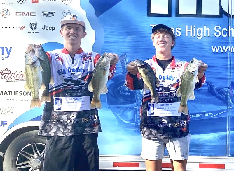 Ryan Smith and Dylan Bean show off their catches of the day after the Metroplex Division THSBA tournament held on Lewisville Lake on October 26, 2024.