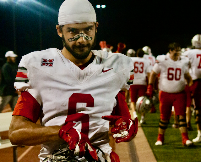 Senior wide receiver and team captain Rhett Garza (6) on the sidelines after the Marauders' 33-32 victory over Flower Mound in the "Mound Showdown" on October 25, 2024.